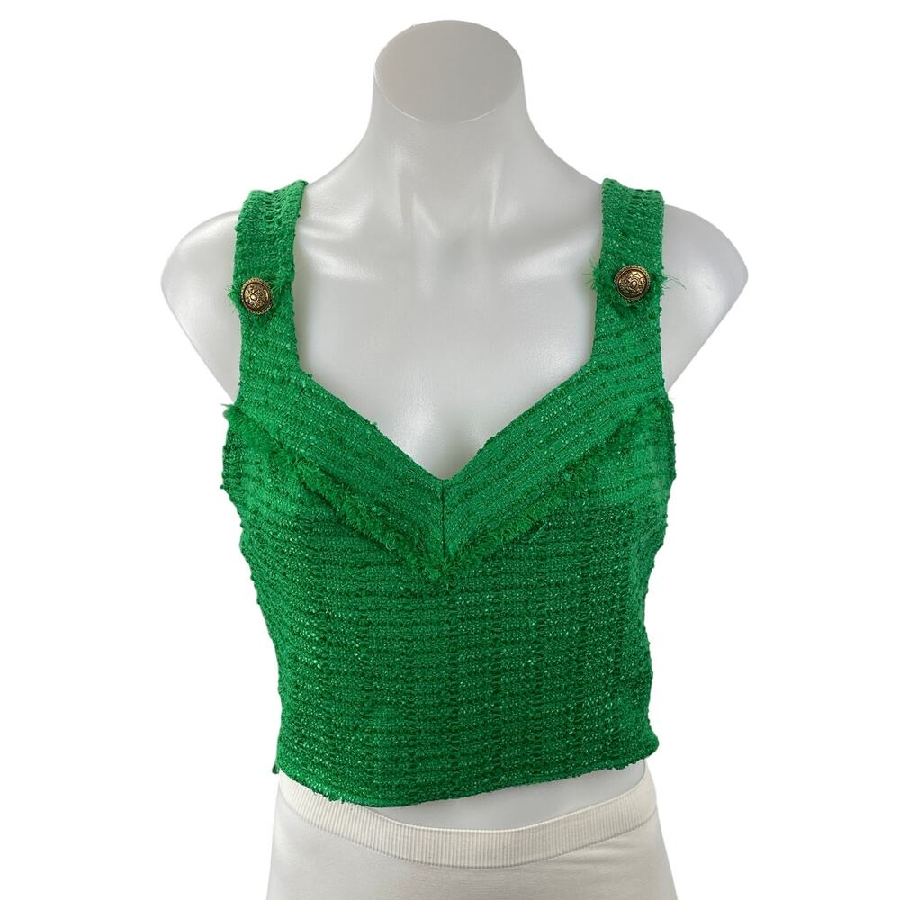 Zara Women's Green Tweed Gold Button Sleeveless V Neck Tank Crop Top Size S